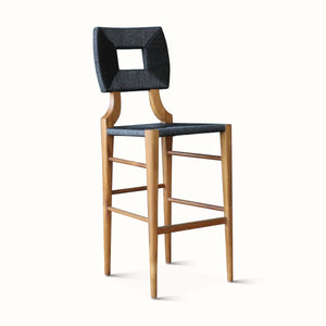Charcoal barstool with curved high backrest, light wood frame, and padded seat