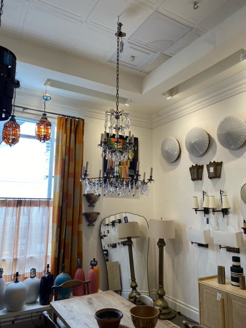 Vintage crystal and pewter chandelier with hanging prisms and metal arms