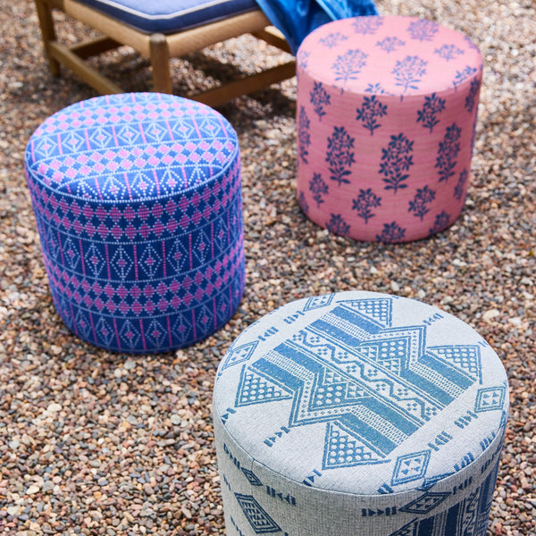Indoor/Outdoor Pouf in Peter Dunham Textiles Souk Blue/Pink on Indigo