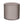 Round upholstered indoor pouf in ash-gray with repeating motif fabric, flat top.