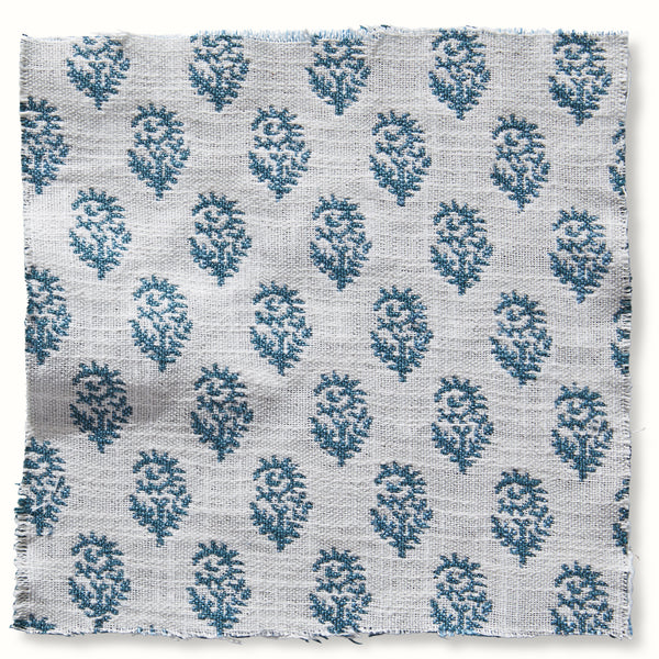 Peter Dunham outdoor rajmata pillow cover, aquamarine tree motif on light fabric