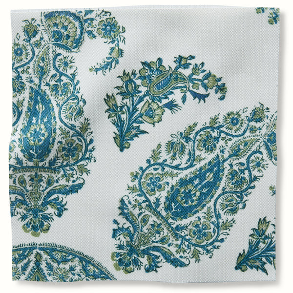 Outdoor Samarkand style pillow cover with blue and green floral scroll pattern