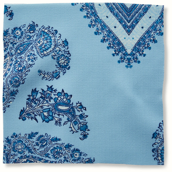 Outdoor pillow cover in sky blue with indigo floral paisley pattern