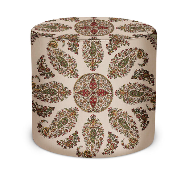 Round indoor pouf ottoman with cream paisley medallion pattern in red and green