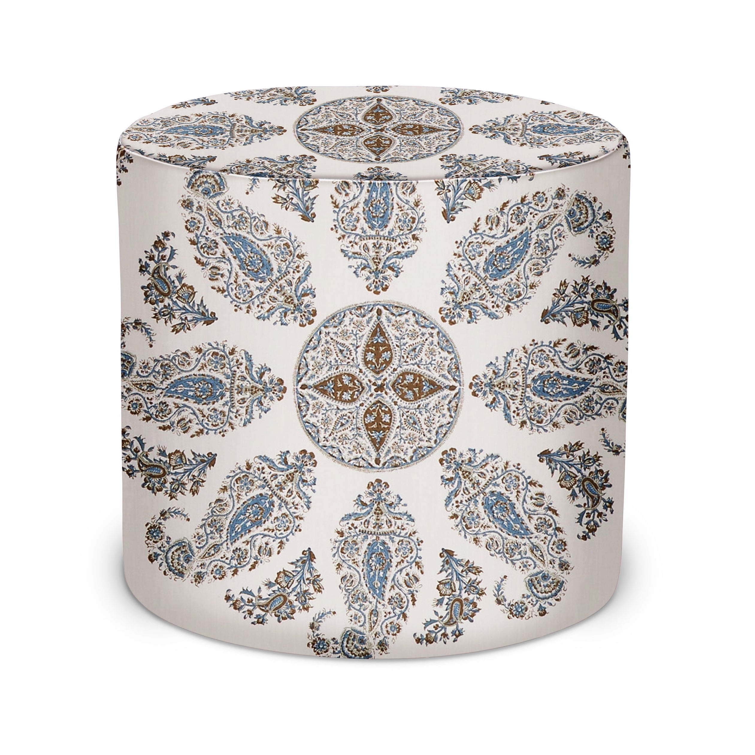 Indoor Pouf in Peter Dunham Textiles Samarkand in Blue/Brown on Oyster