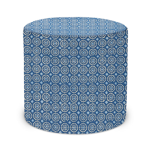 Round indigo patterned indoor pouf ottoman with circular top and side fabric