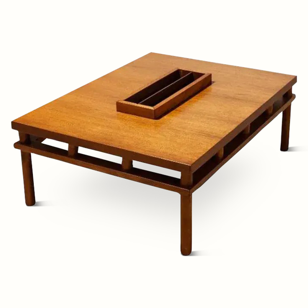 Walnut coffee table with rectangular center serving tray and raised side rails