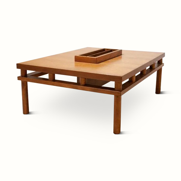 Walnut coffee table with open slatted shelf under tabletop and serving tray