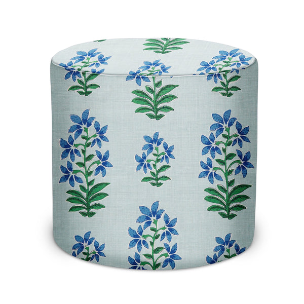 Indoor fabric pouf, light blue with blue-and-green floral print, round top