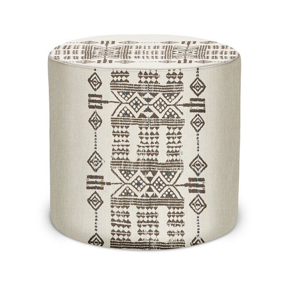 Indigo patterned indoor pouf with cylindrical drum shape and geometric fabric top