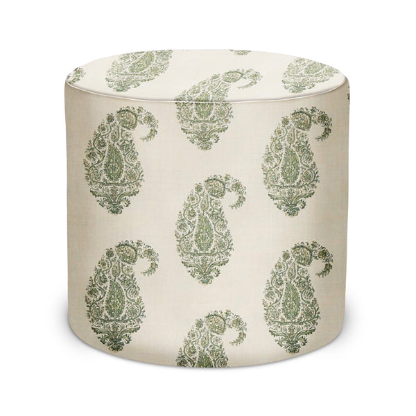 Indoor pouf in Peter Dunham Textiles Shiraz: round green patterned natural fabric