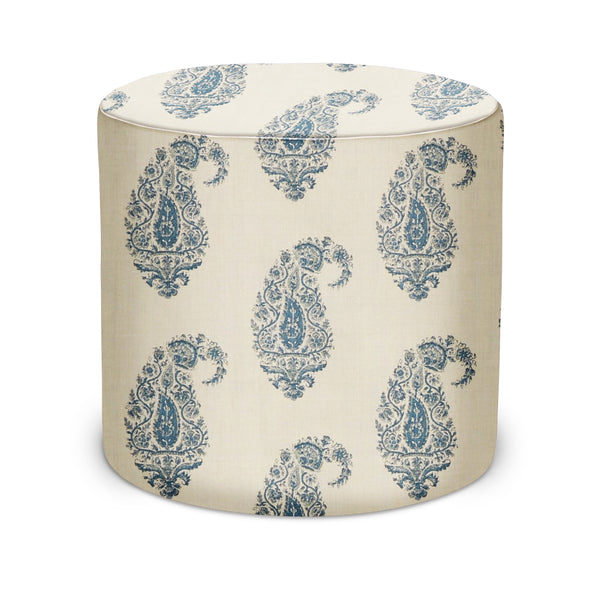 Indoor pouf with blue paisley fabric, round drum shape