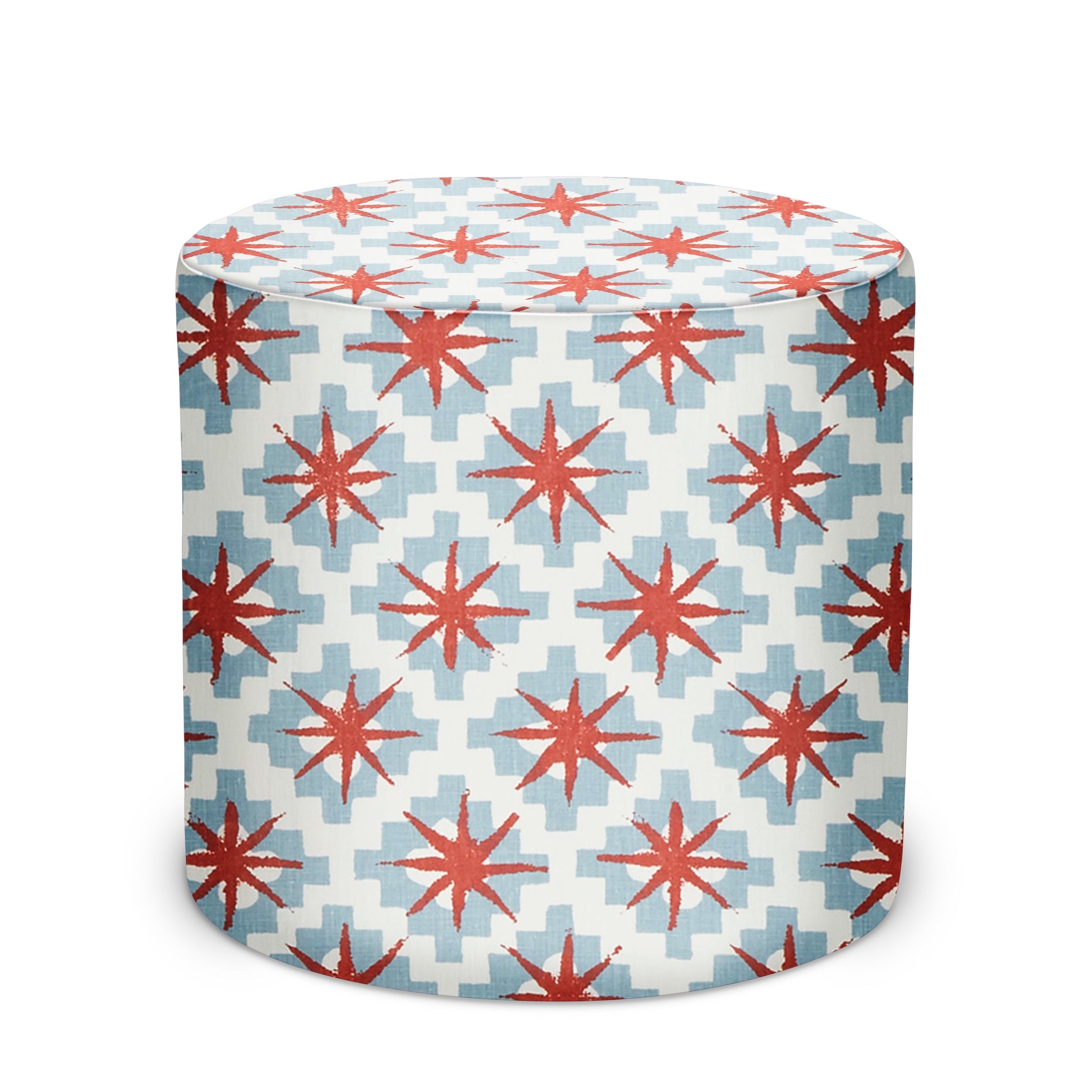 Indoor Pouf in Peter Dunham Textiles Starburst in South (Blue/Red)