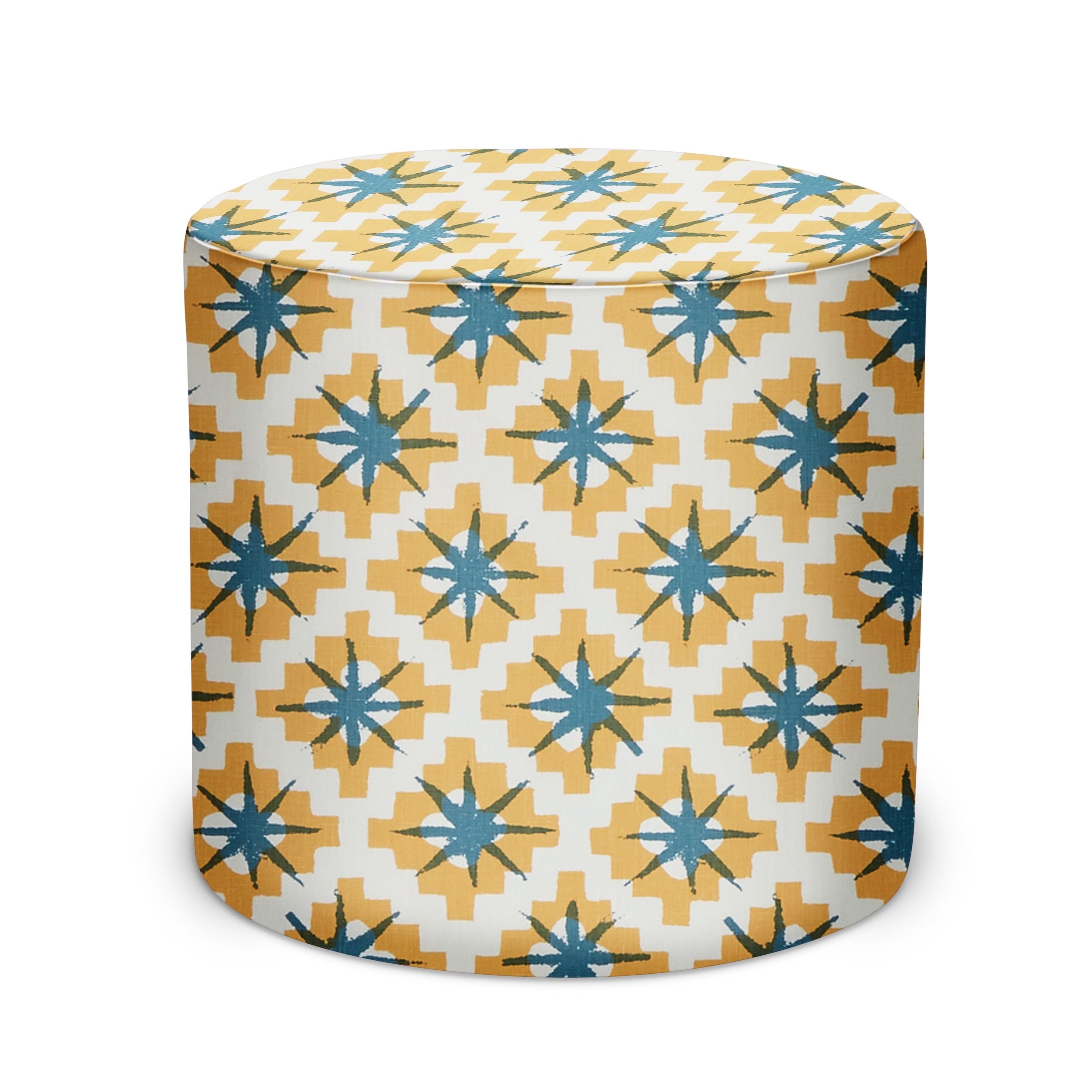 Indoor Pouf in Peter Dunham Textiles Starburst in East (Yellow/Blue)