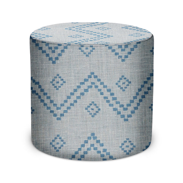 Indoor pouf ottoman with light mist fabric and blue geometric pattern