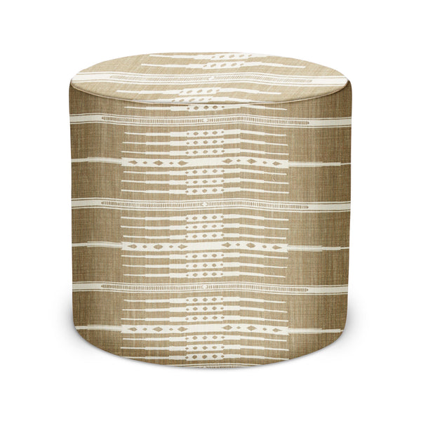Indoor cylindrical pouf in stone tan woven fabric with white horizontal geometric stripes