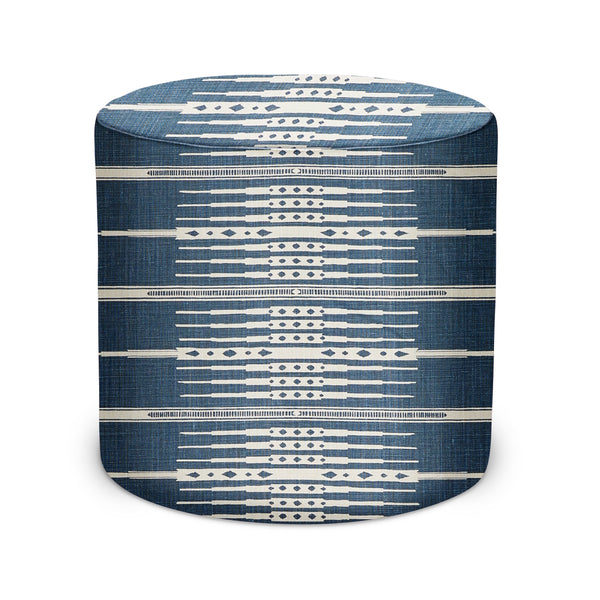 Indigo patterned indoor pouf with round fabric top and sides