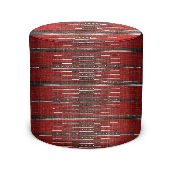 Red and charcoal indoor pouf with striped woven fabric and cylindrical top
