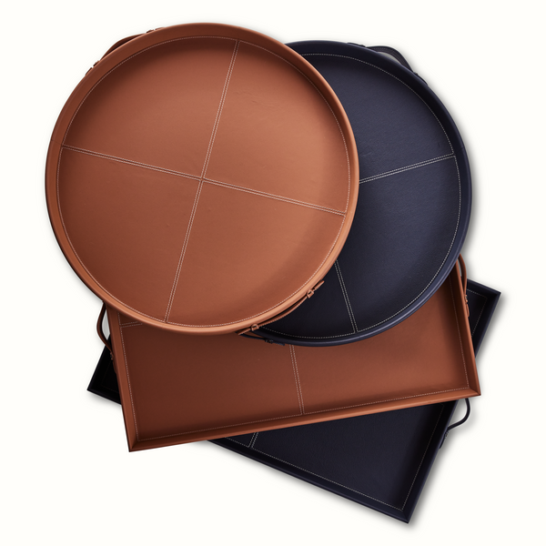 Round Leather Stitched Tray in Blue and Saddle