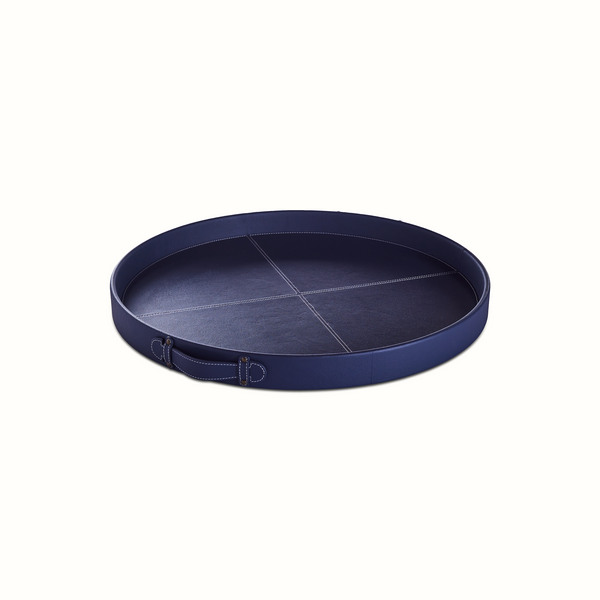 Round Leather Stitched Tray in Blue and Saddle