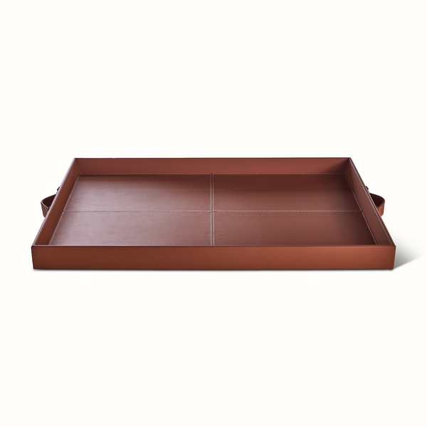Rectangular Leather Stitched Tray in Blue and Saddle