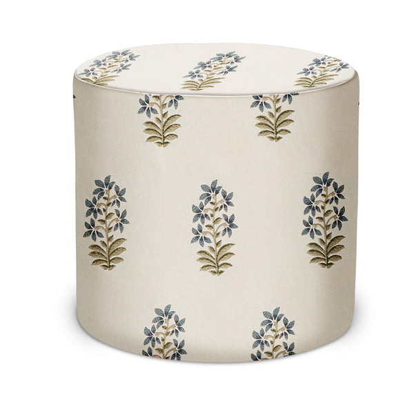 Indoor pouf, cream fabric with blue botanical floral print and round padded top