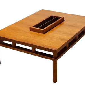 Walnut coffee table with long built-in serving tray in tabletop