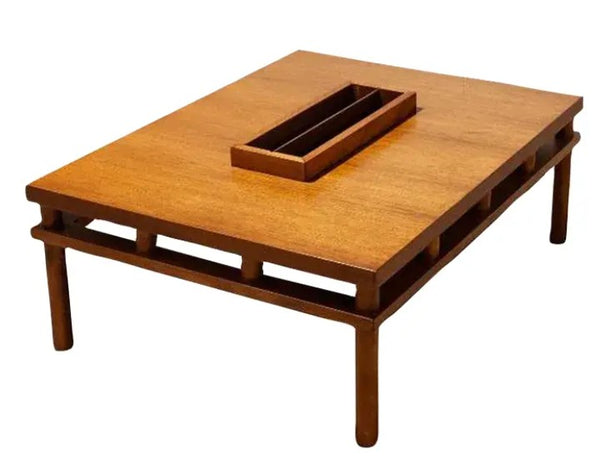 Walnut coffee table with long built-in serving tray in tabletop