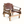 Wood safari chair with brown leather backrest, padded seat, and wide arm supports