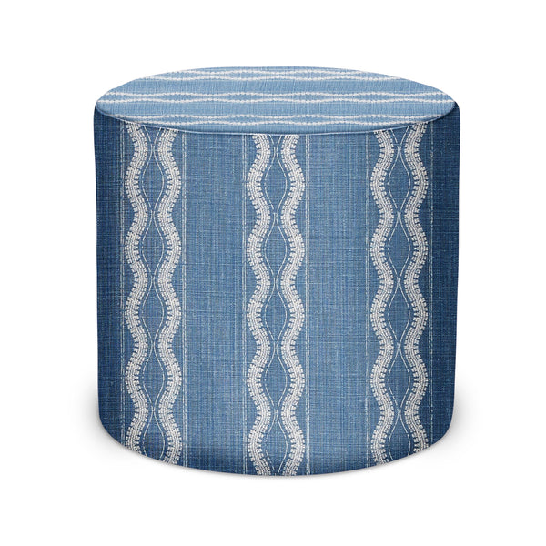Indigo fabric indoor pouf with Zanzibar patterned vertical waves, round drum shape