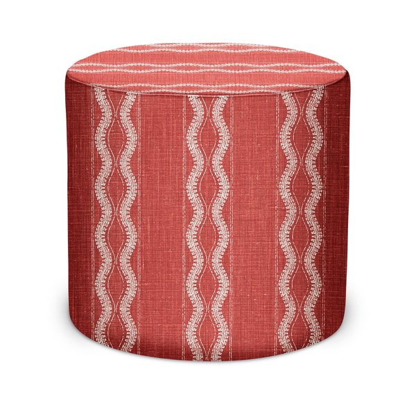 Red Peter Dunham Zanzibar indoor pouf, cylindrical with white wavy stripe pattern