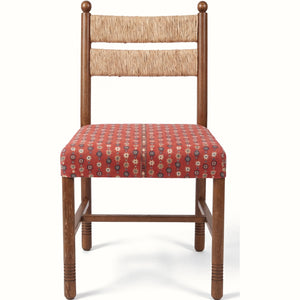 Dining chair with brown wood frame, beige upholstered back, red patterned upholstered seat.
