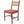 Dining chair angled view, brown wooden legs and arms, beige upholstered back, red patterned seat.