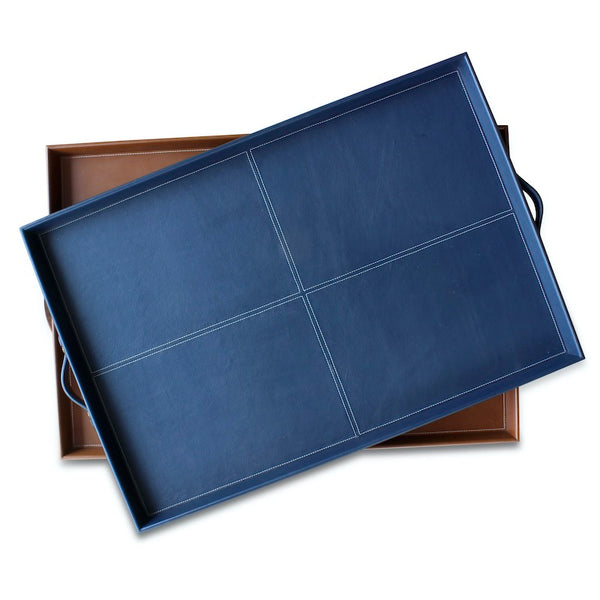Rectangular Leather Stitched Tray in Navy and Cognac