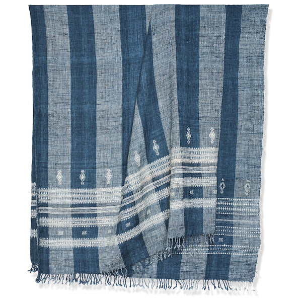 Indigo and ivory striped bedcover with geometric accents and layered border pattern