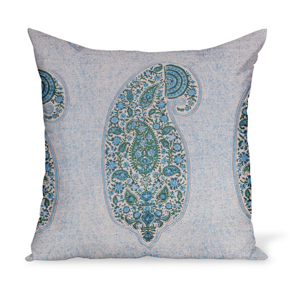 A beautiful linen Indian-style paisley print made from Peter Dunham Textiles' Isfahan linen in Blue and Green colors.