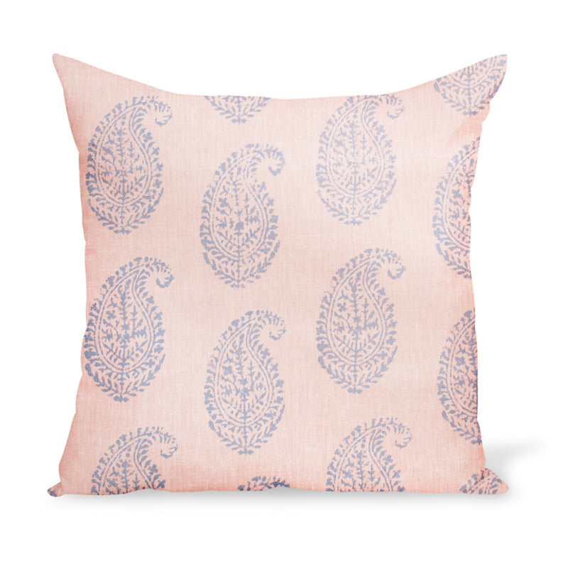 A decorative cushion made from one of Peter Dunham Textiles' best-selling linen prints, Kashmir Paisley, here in a blue and pink colorway.