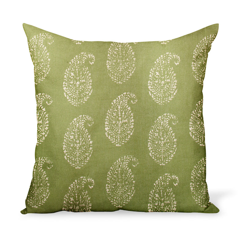 A decorative cushion made from one of Peter Dunham Textiles' best-selling linen prints, Kashmir Paisley, here in a green and tea color way. Indian block-print inspired!