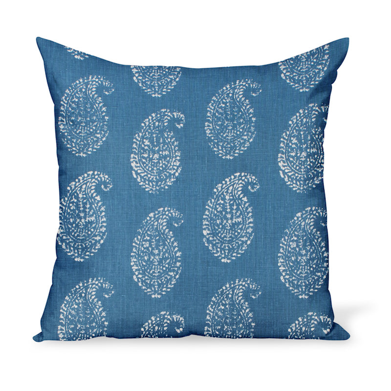 A decorative cushion made from one of Peter Dunham Textiles' best-selling linen prints, Kashmir Paisley, here in an indigo blue color way. Indian block-print inspired!