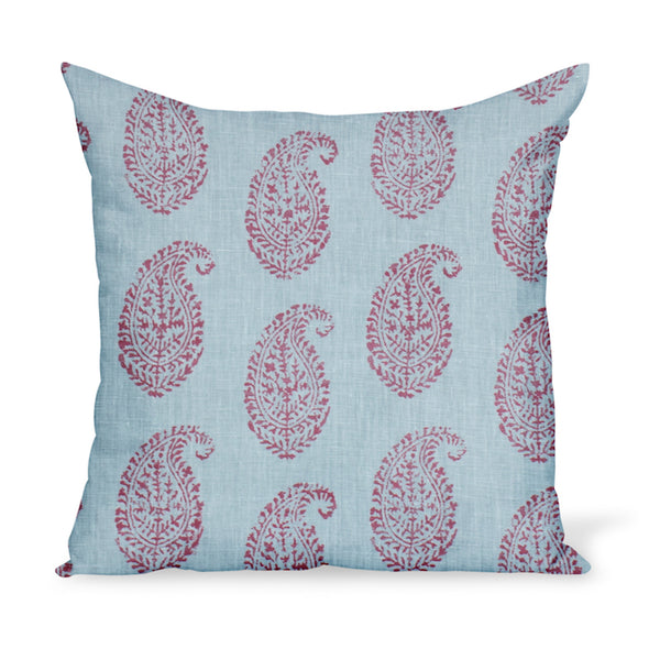 A decorative cushion made from one of Peter Dunham Textiles' best-selling linen prints, Kashmir Paisley, here in a red and blue colorway. Indian block-print inspired!
