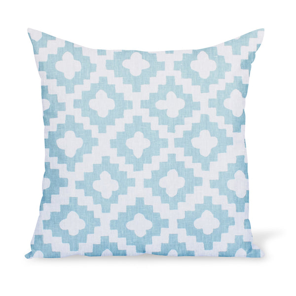 A decorative cushion made from one of Peter Dunham Textiles' best-selling linen prints, Peterazzi, here in Pale Blue.