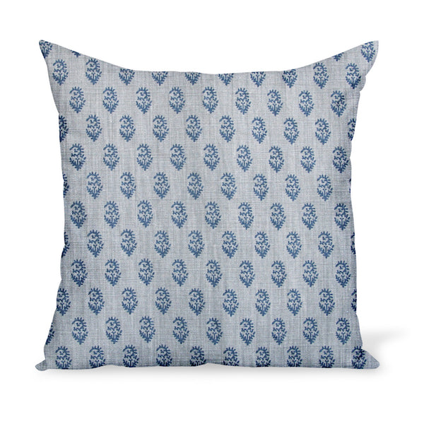 Peter Dunham Textiles' small-scale paisley linen print, Rajamata Tonal in Indigo blue and Misty gray colors--a wonderful way to add personality with a decorative pillow or cushion.