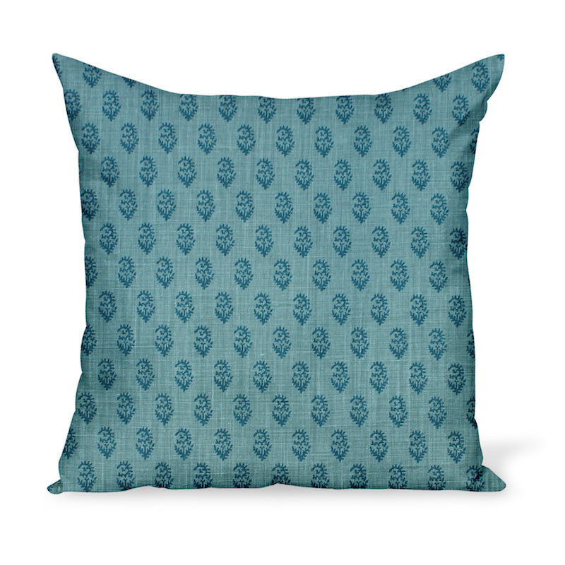 Peter Dunham Textiles' small-scale paisley linen print, Rajamata Tonal in Blue colors--a wonderful way to add personality with a decorative pillow or cushion.
