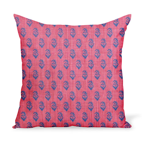 Peter Dunham Textiles' small-scale paisley linen print, Rajamata Tonal in Blue and Red colors--a wonderful way to add personality with a decorative pillow or cushion.