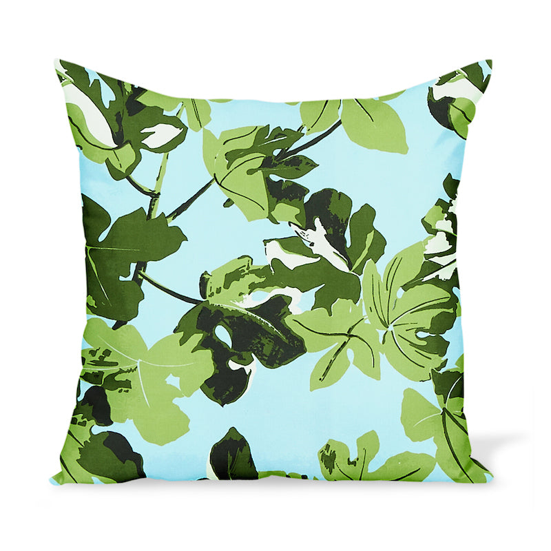 Peter Dunham Textiles Outdoor Fig Leaf in Original on Blue Pillow
