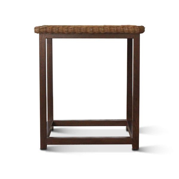 Dark walnut wicker side table with woven top and open lower shelf.