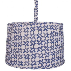 Our Upholstered Hanging Shade is available in both small and large sizes and include a flat welt detail along the top and bottom, as well as vertical welts every 18".  Includes an Antique Brass ceiling mount, 6' long chain, and fabric chain cover.  This item is available COM for easy customization, and can be made in custom sizes upon request.