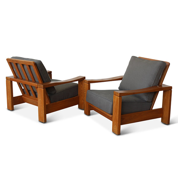 Vintage Elm Wood and Linen Lounge Chairs