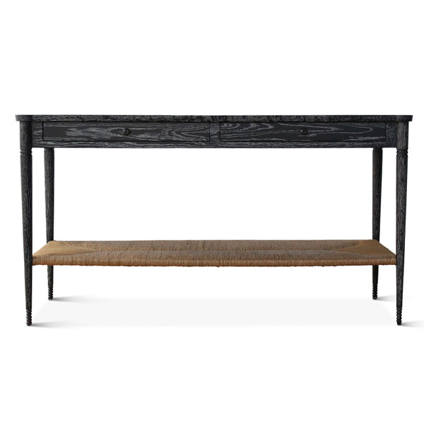Black console table with two drawer fronts and a woven paper rush shelf.