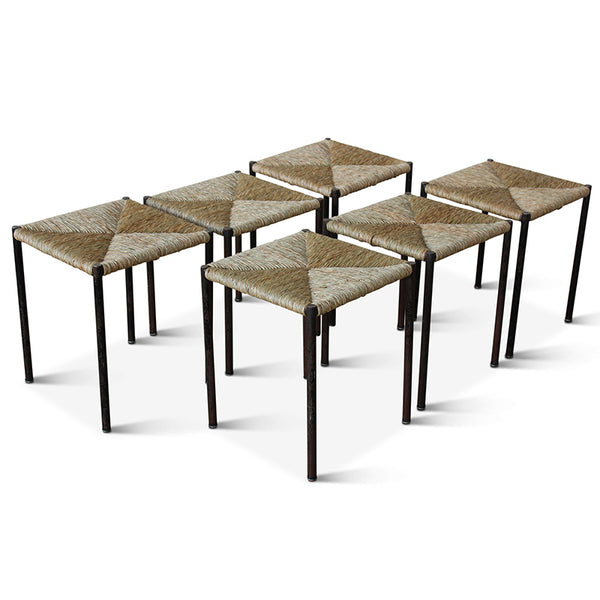 Rush and metal stools set with natural woven seats and dark black legs